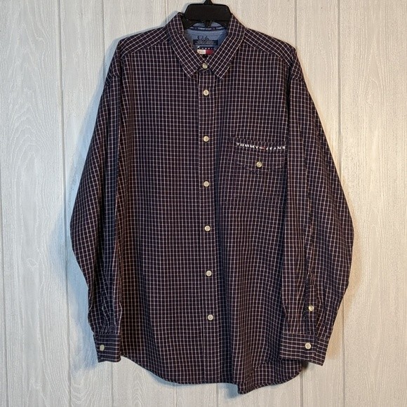 VTG Tommy Hilfiger Checker Pattern Long Sleeve Button Front Shirt EUC Flag SZ XL - Picture 9 of 10